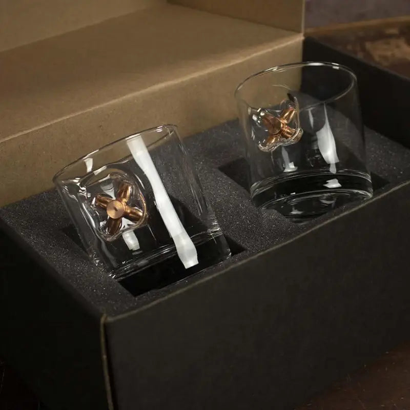 Set of two BenShot Rocks Glasses with bee designs in a black gift box