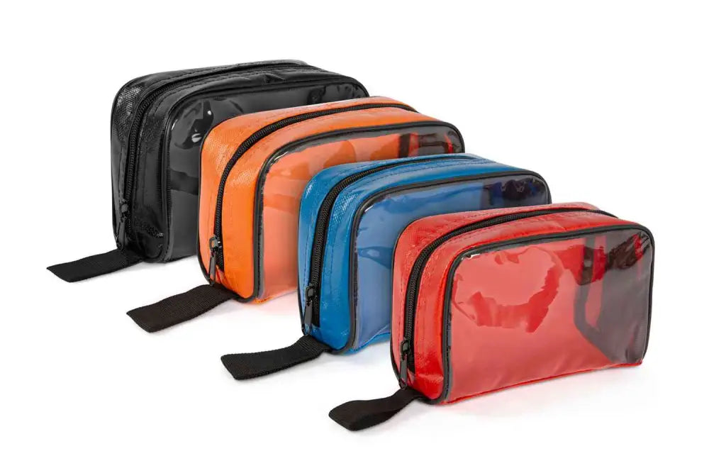 Set of zippered toiletry bags in black, orange, blue, and red for a Kit Water Resistant