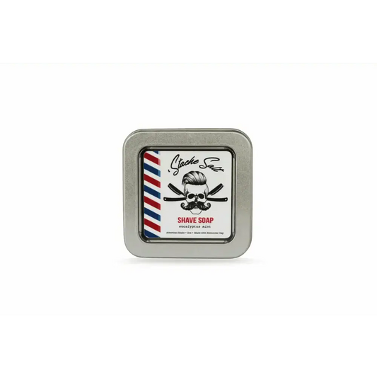 Square tin of shaving soap with skull logo in Shave Pack for first responders