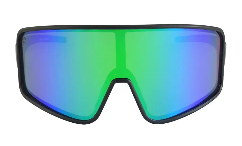 Shield-style Alpha Sunglasses with iridescent green-blue mirrored polarized lenses