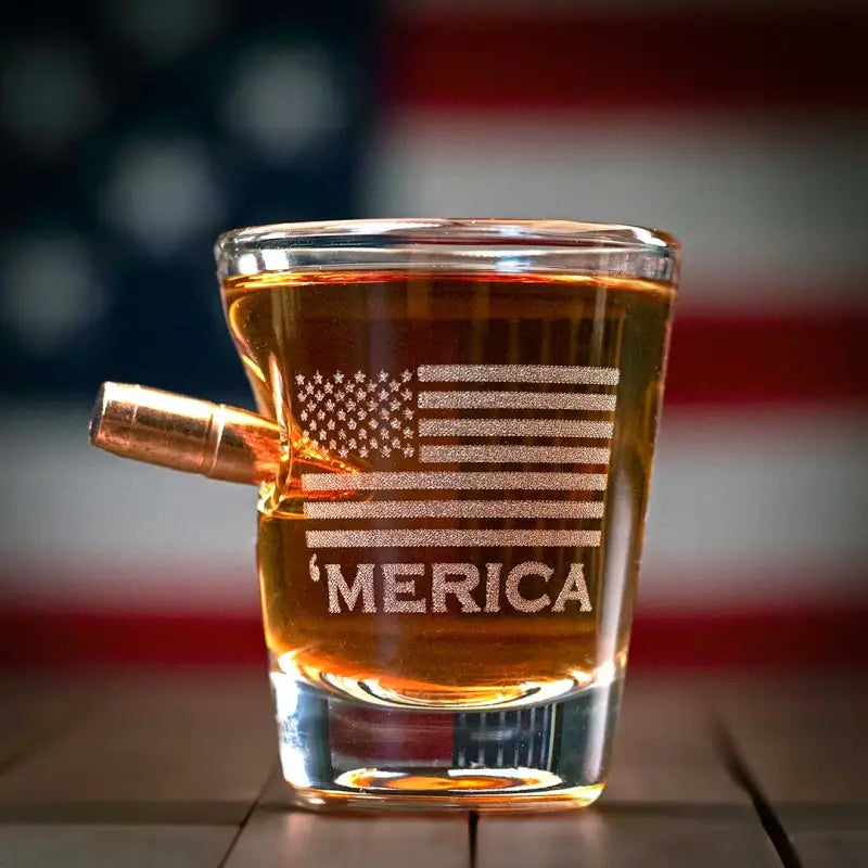 Handmade 2oz Merica Shot Glass with American flag and .308 bullet embedded in glass