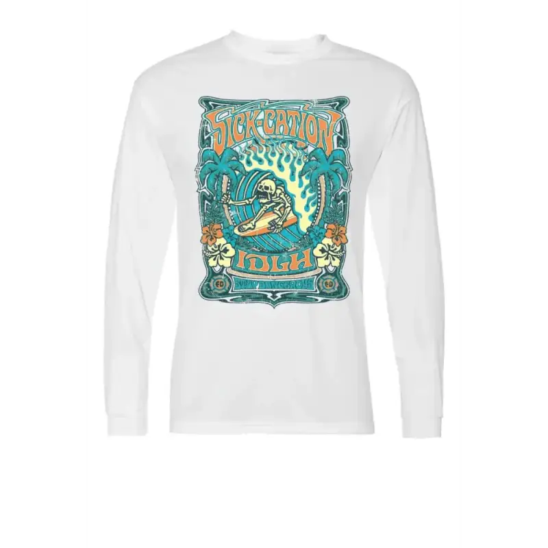 White long-sleeve SICK-CATION DRI-FIT PERFORMANCE t-shirt with skeleton surfer design