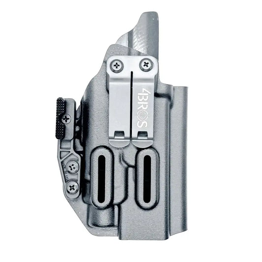 Silver gun holster for Glock 17 with Streamlight TLR-7, light mounted, IWB holster retention