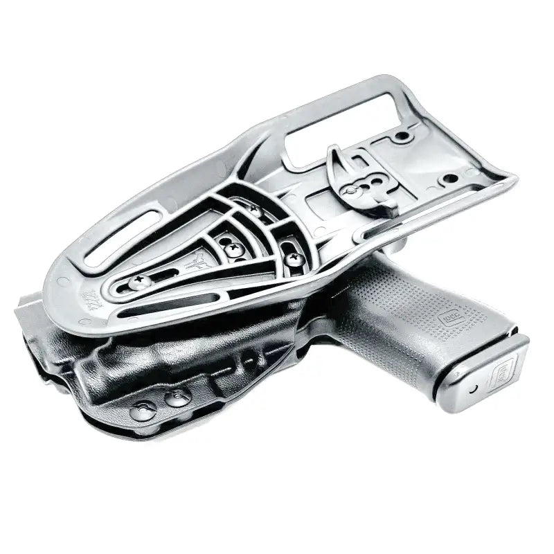 Silver Glock 43X with light mounted in tactical holster for first responders
