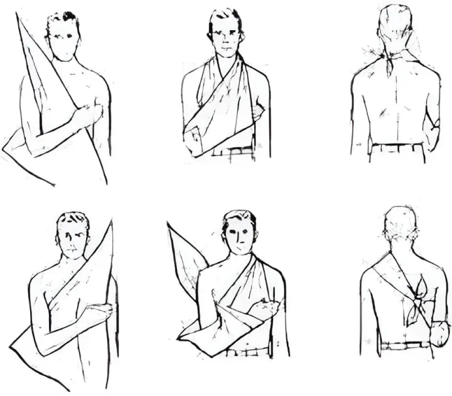 Simple line drawings demonstrating LINE2Design Medical Triangular Bandages Emergency use