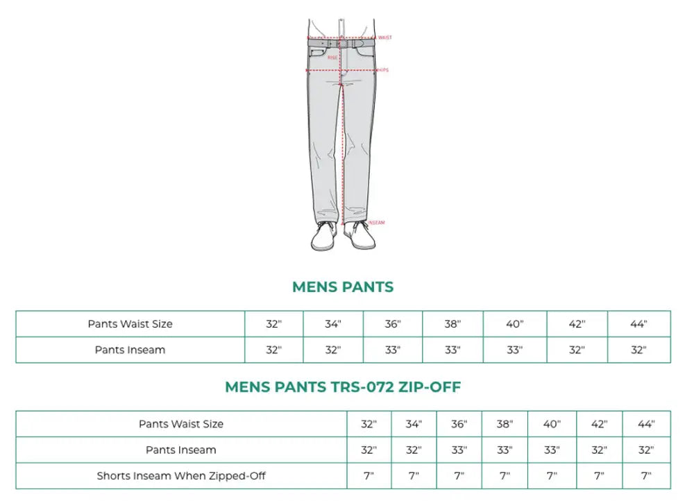 Size chart diagram for Zambezi Convertible Zip Off Safari Pants for Men with waist and inseam