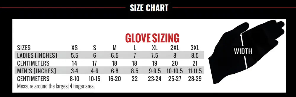 Size chart for Hot Leathers GVM3004 Men’s Black Assassin Textile Mechanic Gloves