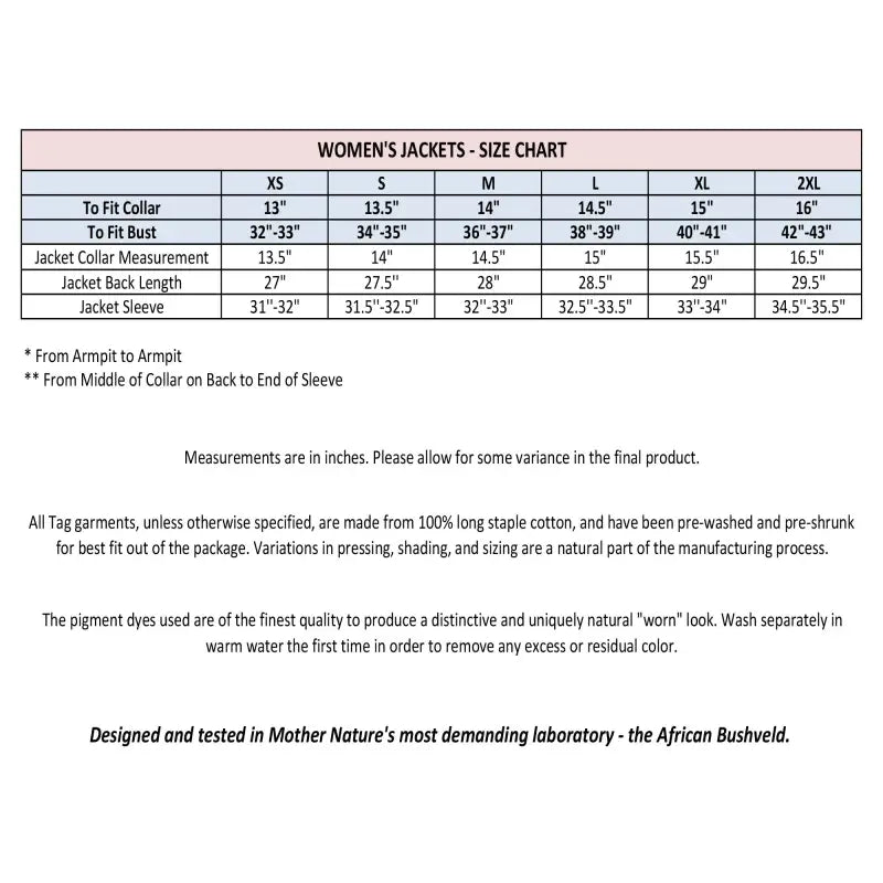 Size chart for women’s Safari Jacket with two buttoned flaps and functional Swiss tabs