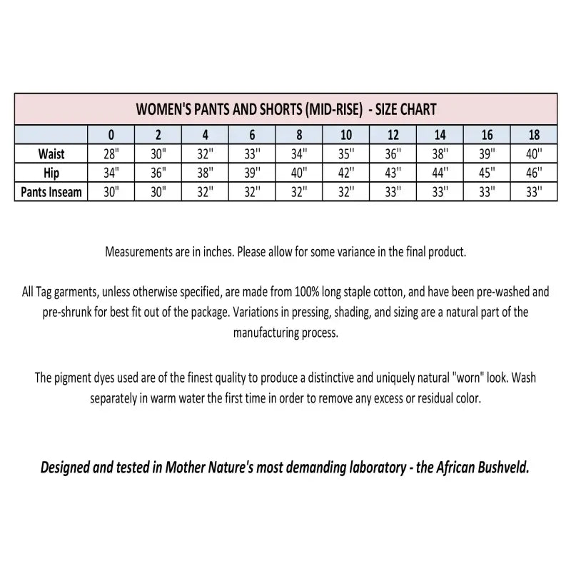 Size chart for Professional Hunter Shorts, mid-rise women’s pants and shorts measurements