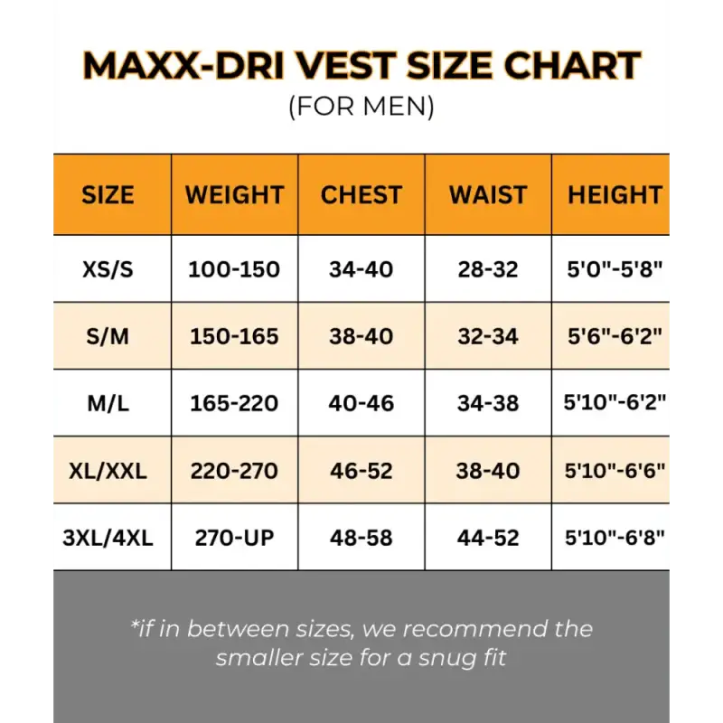 Size chart for Maxx-Dri Vest 4.0 showing measurements for adjustable fit body armor