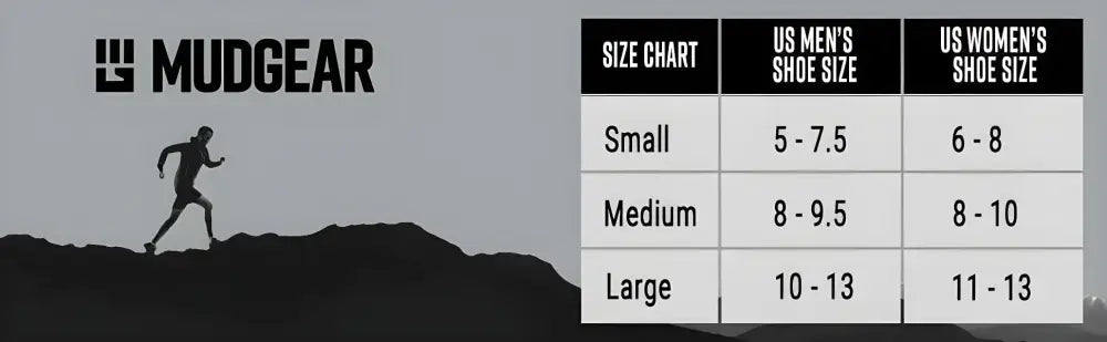 Size chart for Mudgear 5 Crew Height Trail Running Socks shoe size conversions