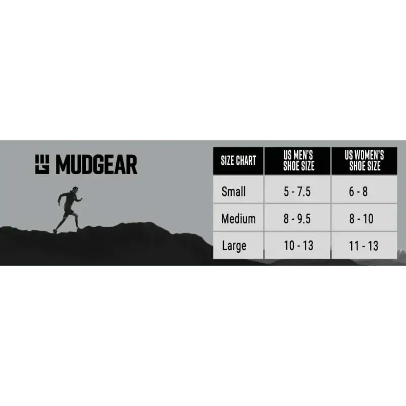 Size chart for MudGear Crew Height Socks shoe size conversions and height trail running