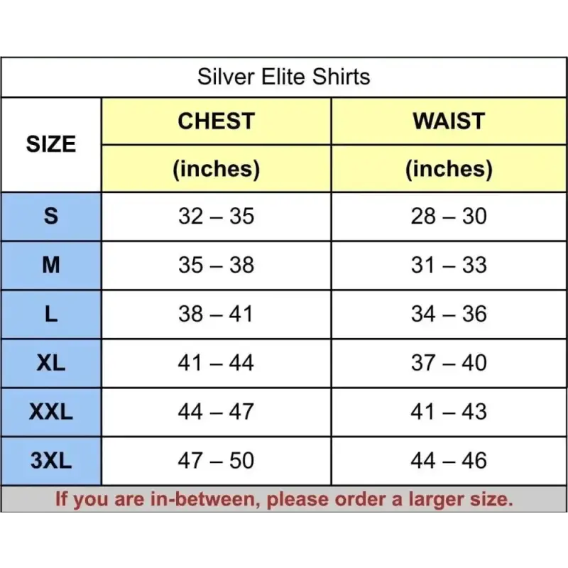 Size chart for Maxx-Dri Silver Elite Long Sleeve Shirt with chest and waist measurements