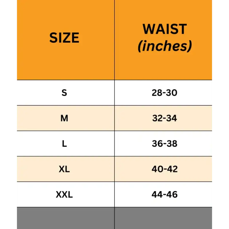 Size chart for waist measurements in inches for Maxx-Dri RFX Boxer Briefs sizing S-XXL