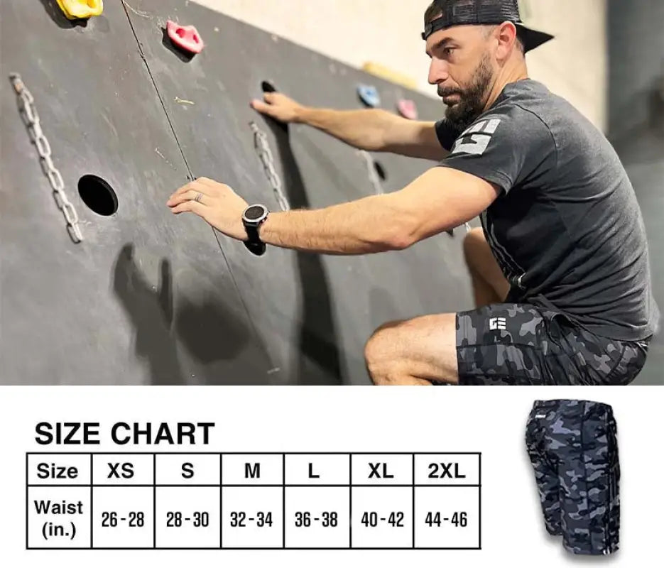 Size chart for Men’s Freestyle Running Shorts in Black Gray Camo, showing waist measurements