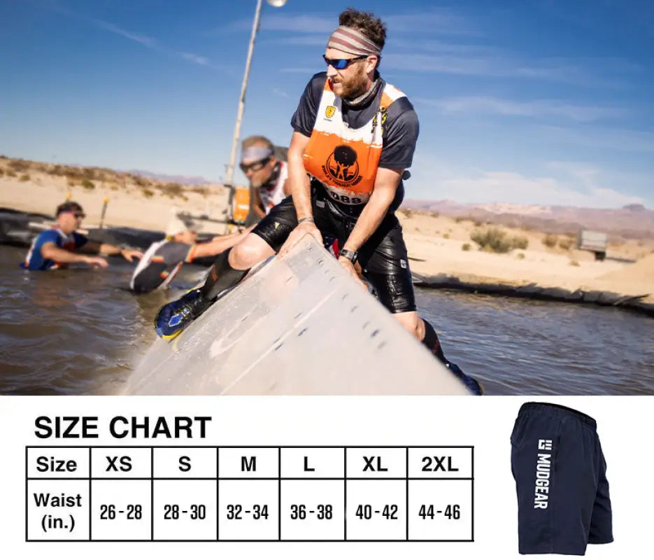 Size chart for Men’s Freestyle Running Shorts showing waist measurements from XS to 2XL