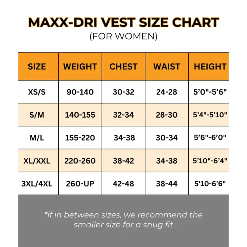 Size chart for Maxx-Dri Vest 4.0 showing adjustable fit measurements for body armor