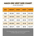 Size chart for women’s Maxx-Dri Vest 5.0 with measurements for body armor fit