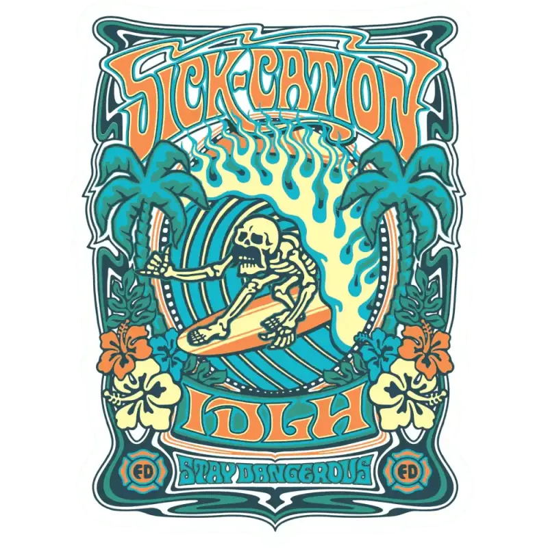 Surfing skeleton on wave with tropical Art Nouveau for SICK-CATION sticker 3’’ x 4’’