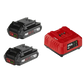 Two black power tool batteries with a red charger from SKIL PWR CORE 20 charger starter kit