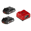 Two black power tool batteries with a red charger from SKIL PWR CORE 20 charger starter kit