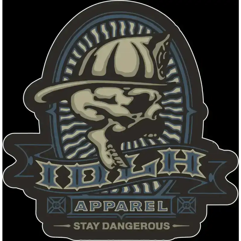Skull sticker with firefighter helmet logo and IDLH APPAREL Stay Dangerous text