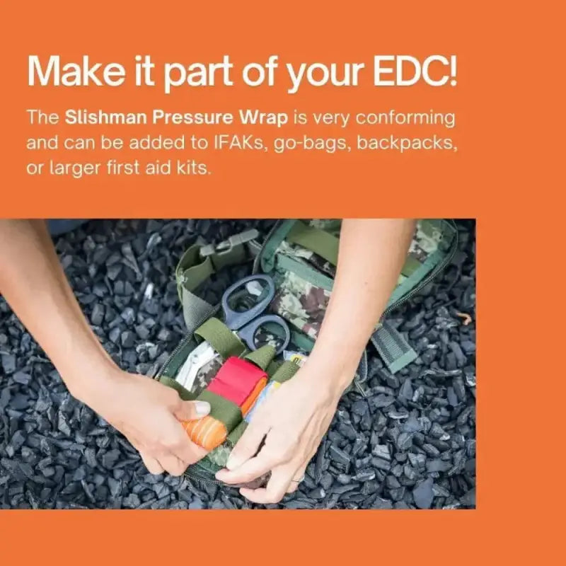 Demonstration of Slishman Pressure Wrap on a medical supply kit for effective pressure wrap use