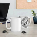 Two white ceramic mugs, one plain and one with a logo, for the Smooth is Fast Mug