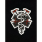 Snake-wrapped medical caduceus symbol on red stick with heartbeat line and hammers