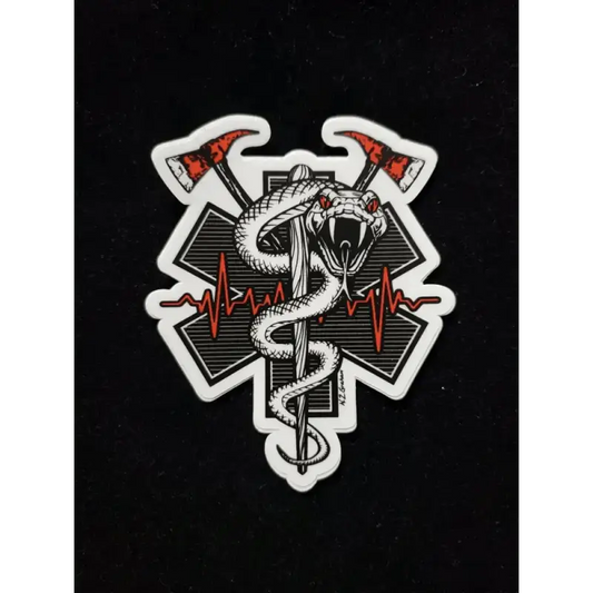 Snake-wrapped medical caduceus symbol on red stick with heartbeat line and hammers