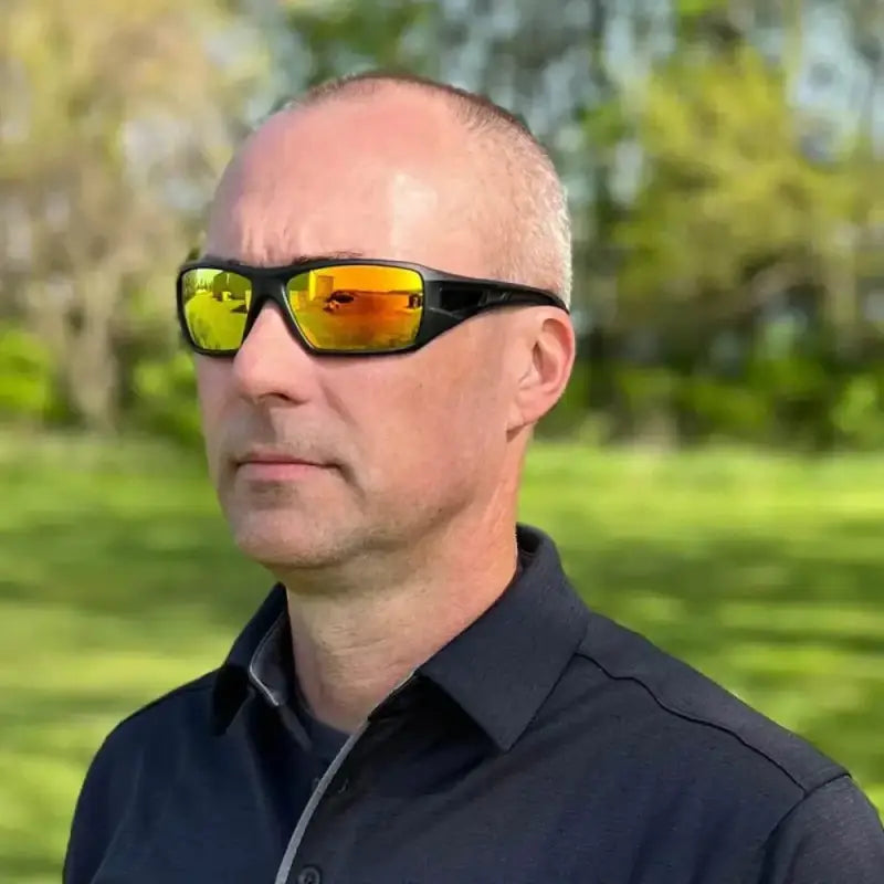 Sporty METEL M30 Safety Sunglasses with orange-yellow mirrored lenses and black frames