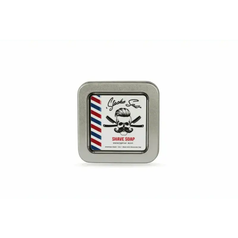 Square tin of Shave Soap featuring a skull logo, ideal for upper lip hair grooming