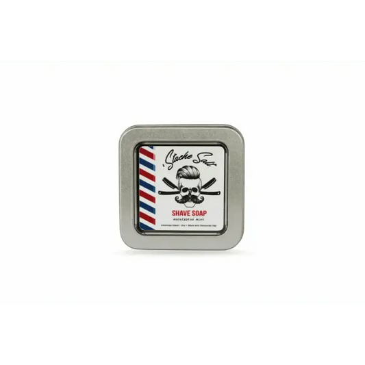 Square tin of Shave Soap featuring a skull logo, ideal for upper lip hair grooming