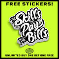 Stack of black and white Skills to Pay the Bills stickers with a white border for blue collar workers
