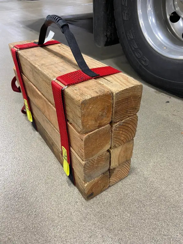 Stack of wooden blocks held together with Cribbing Strap Short-FFCS8 secure straps