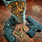 Stainless steel tumbler featuring Love Guns and Bacon logo with handguns and ammo