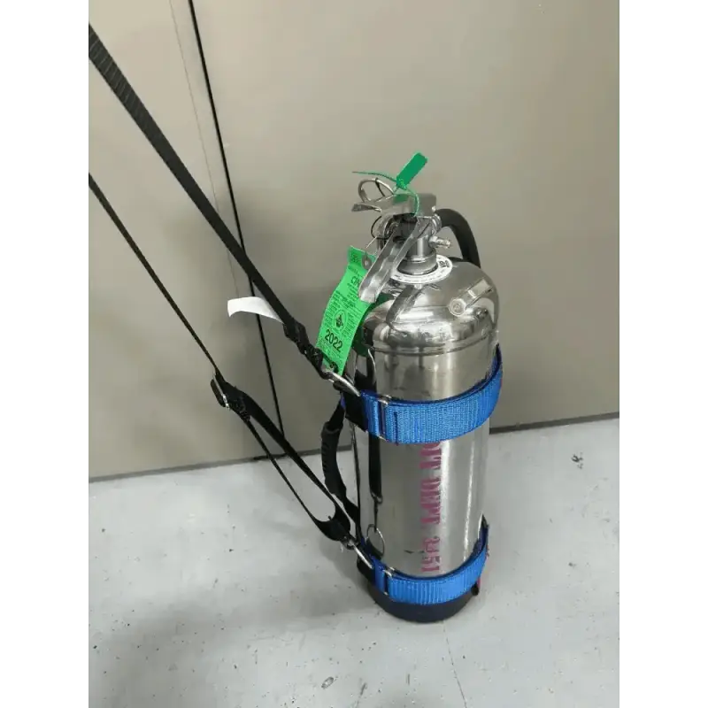 Stainless steel water bottle with blue straps and green cap on Extinguisher Carrying Sling