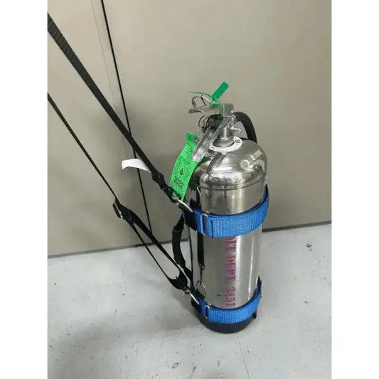 Stainless steel water bottle with blue straps and green cap on Extinguisher Carrying Sling