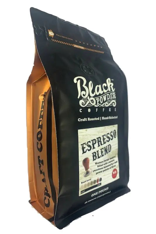Stand-up pouch of European Espresso Blend Coffee with a small percentage of Black Powder Espresso Blend