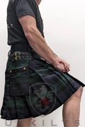 Black Watch Tartan Utility Kilt featuring a lion emblem on the side panel