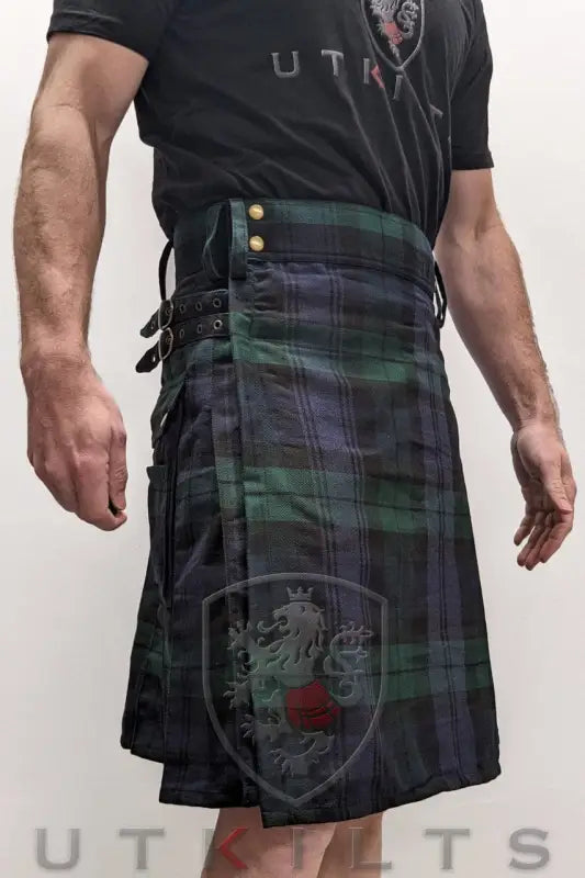 Modern Black Watch Tartan Utility Kilt featuring embroidered crest design