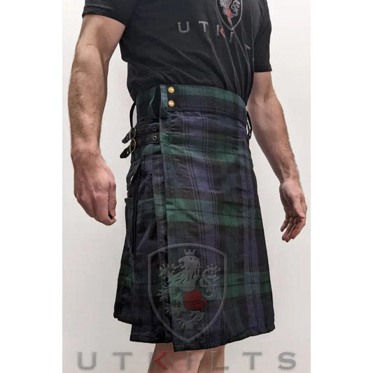 Modern Black Watch Tartan Utility Kilt featuring embroidered crest design