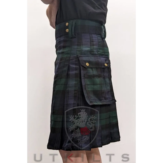 Scottish Black Watch Tartan Utility Kilt with dragon emblem on side pocket