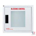 White metal bleeding control cabinet with black handle and warning text displayed