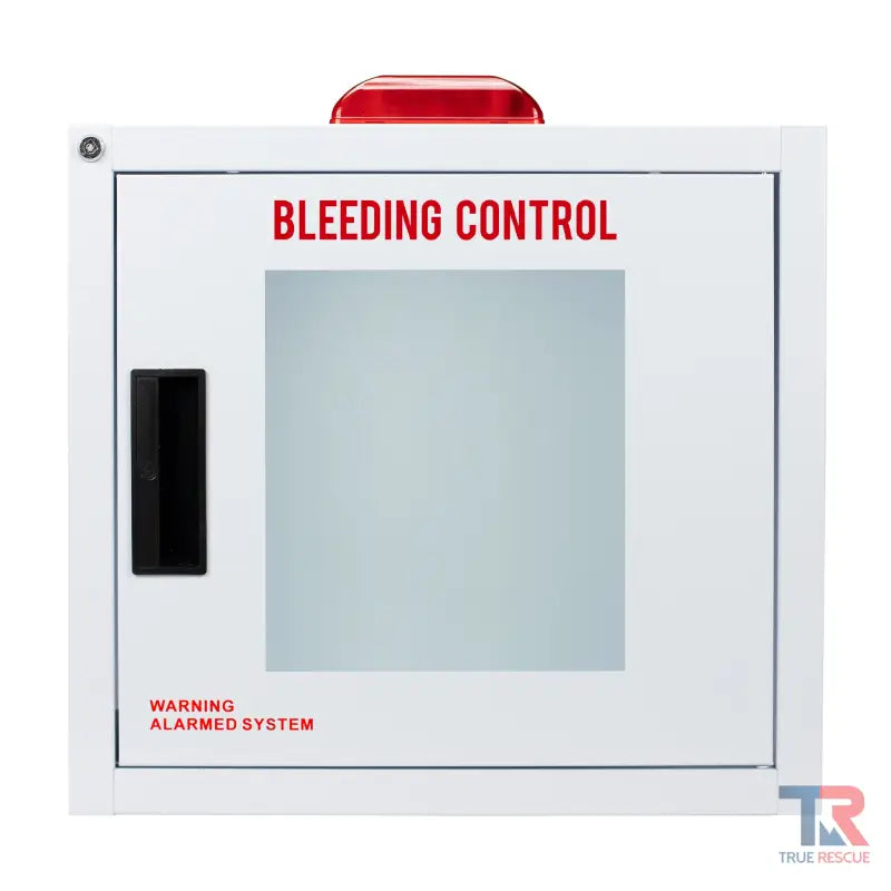 White metal bleeding control cabinet with red warning light and black handle
