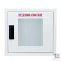 White wall-mounted bleeding control cabinet with red text and black handle for standard bleeding control