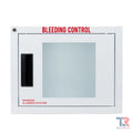 White wall-mounted bleeding control cabinet with black handle and red text for first aid