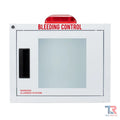 White wall-mounted bleeding control cabinet with clear front and red lettering