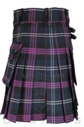 Traditional Scottish Tartan Utility Kilt in Black and Purple Plaid with Buckle Straps