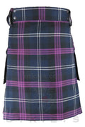 Traditional Scottish Tartan Utility Kilt with purple and white stripes on navy background